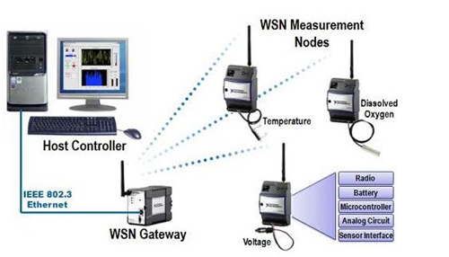 图1. 在WSN应用中，你可以创建一个网络架构，在这个架构中，分布式测量节点收集数据并将结果发送至网关。